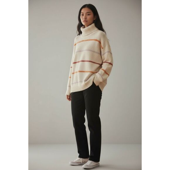 Anna Kay Isolede Cashmere Blend Striped Turtleneck Pullover Sweater Ecru Small - Picture 2 of 9